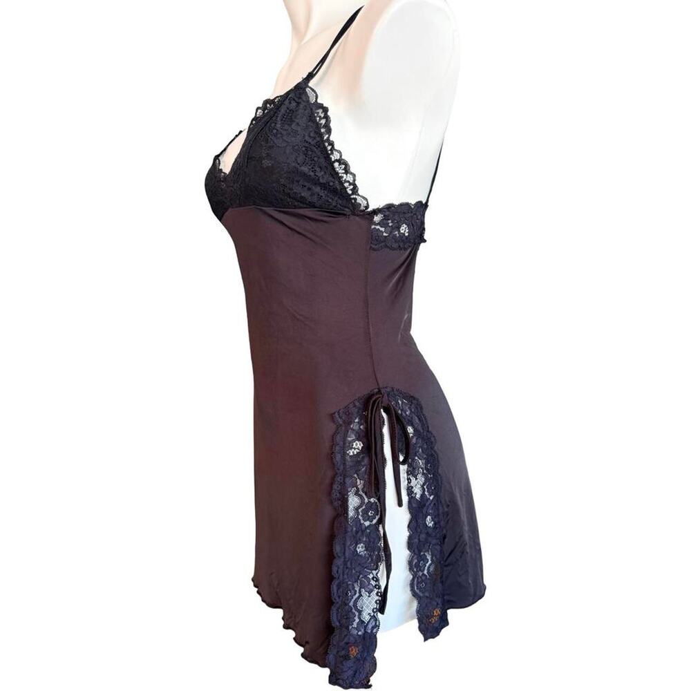Pink Robe with Black Lace Trim and Black Chemise 2 Piece Set Sz S - Picture 6 of 8